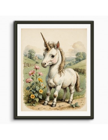 In the style of Beatrix Potter, A baby cute unicorn - Poster prix pour 