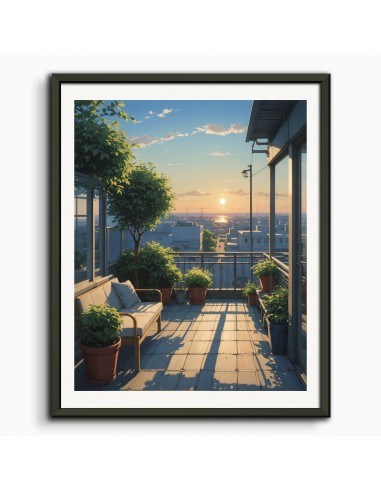 Animé contemporain japonais, Une terrasse tranquille, soleil couchant - Affiche 2024